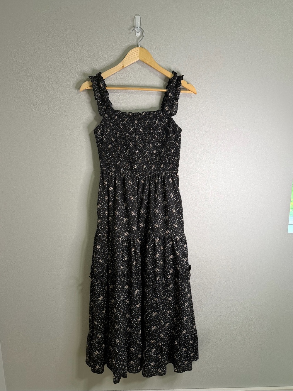 Black Floral Smocked Maxi Dress with Adjustable Straps